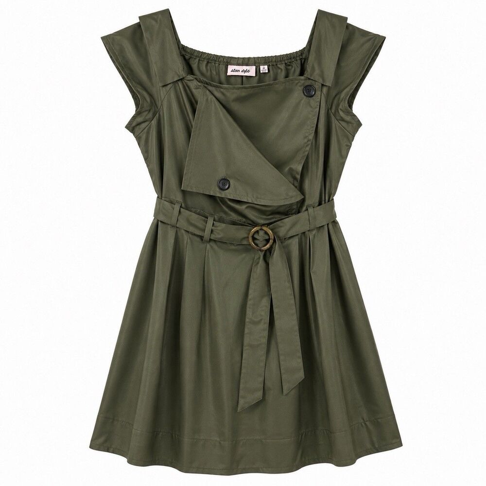 STAR STYLE Women Olive Green Cap Sleeve Trench-Style Belted Midi Dress SZ 1X